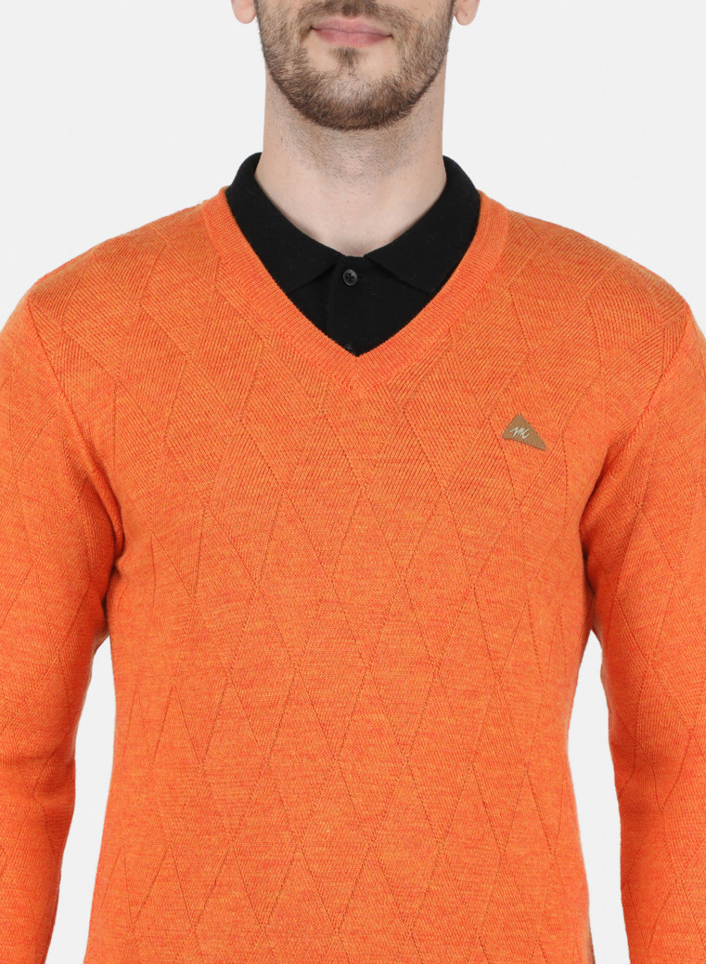 Men Orange Self Design Pullover