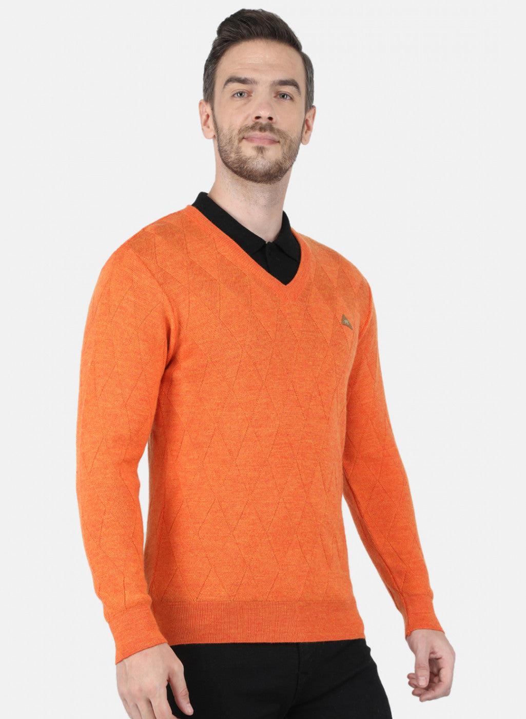 Men Orange Self Design Pullover