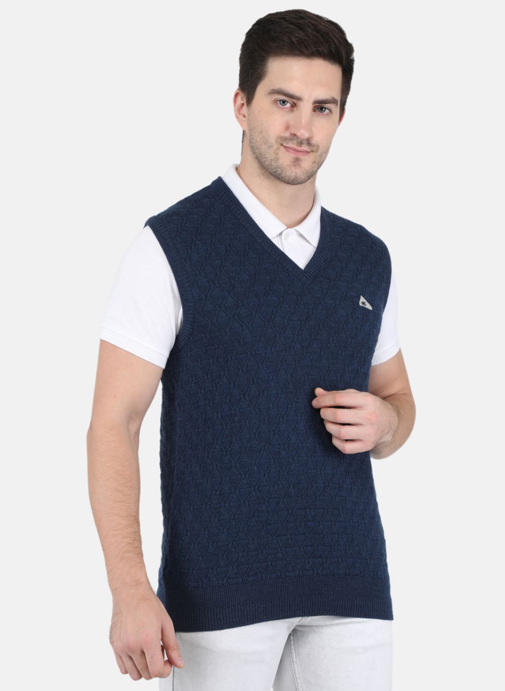 Men NAvy Blue Self Design Sweater