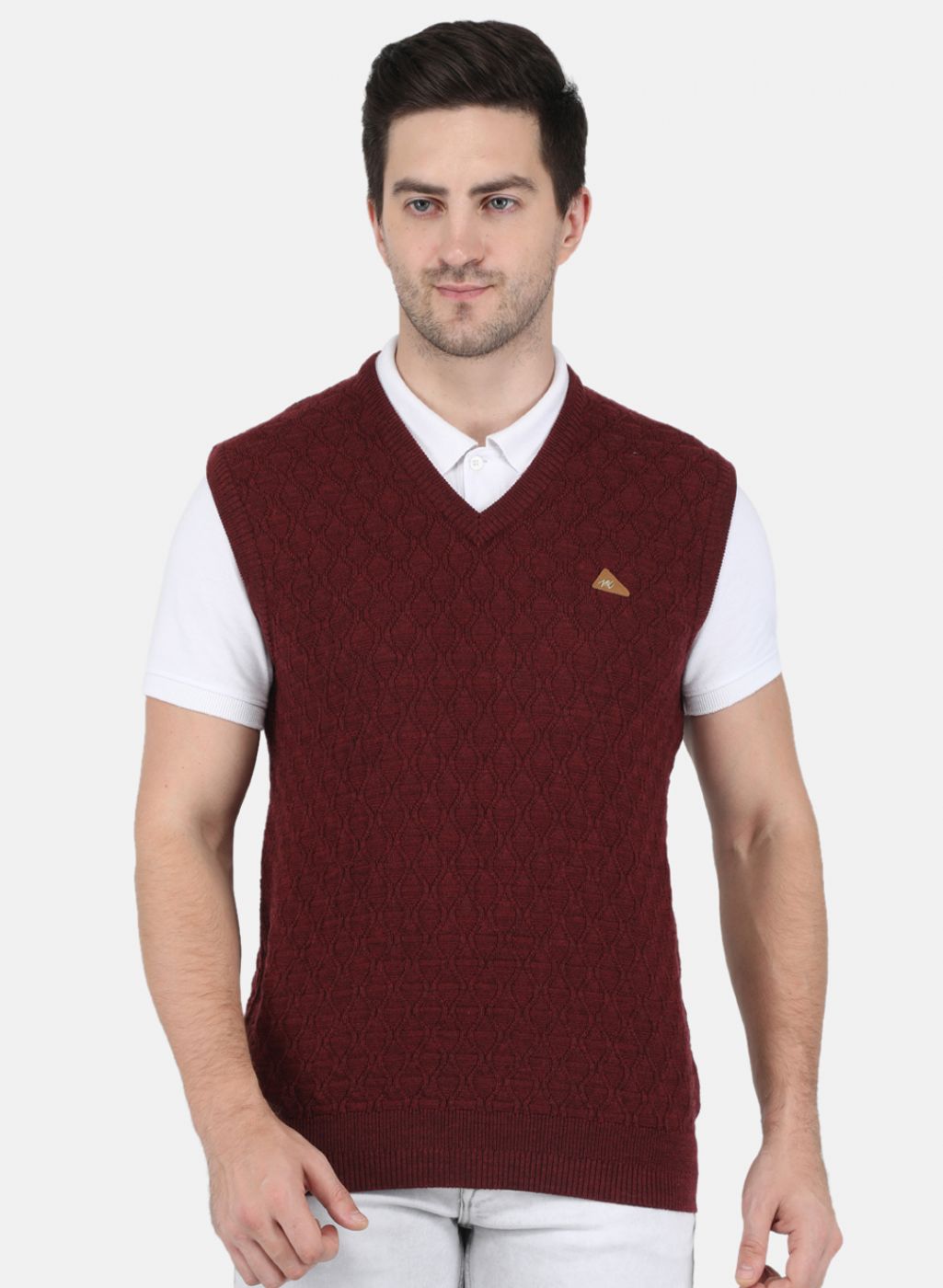 Men Maroon Self Design Sweater