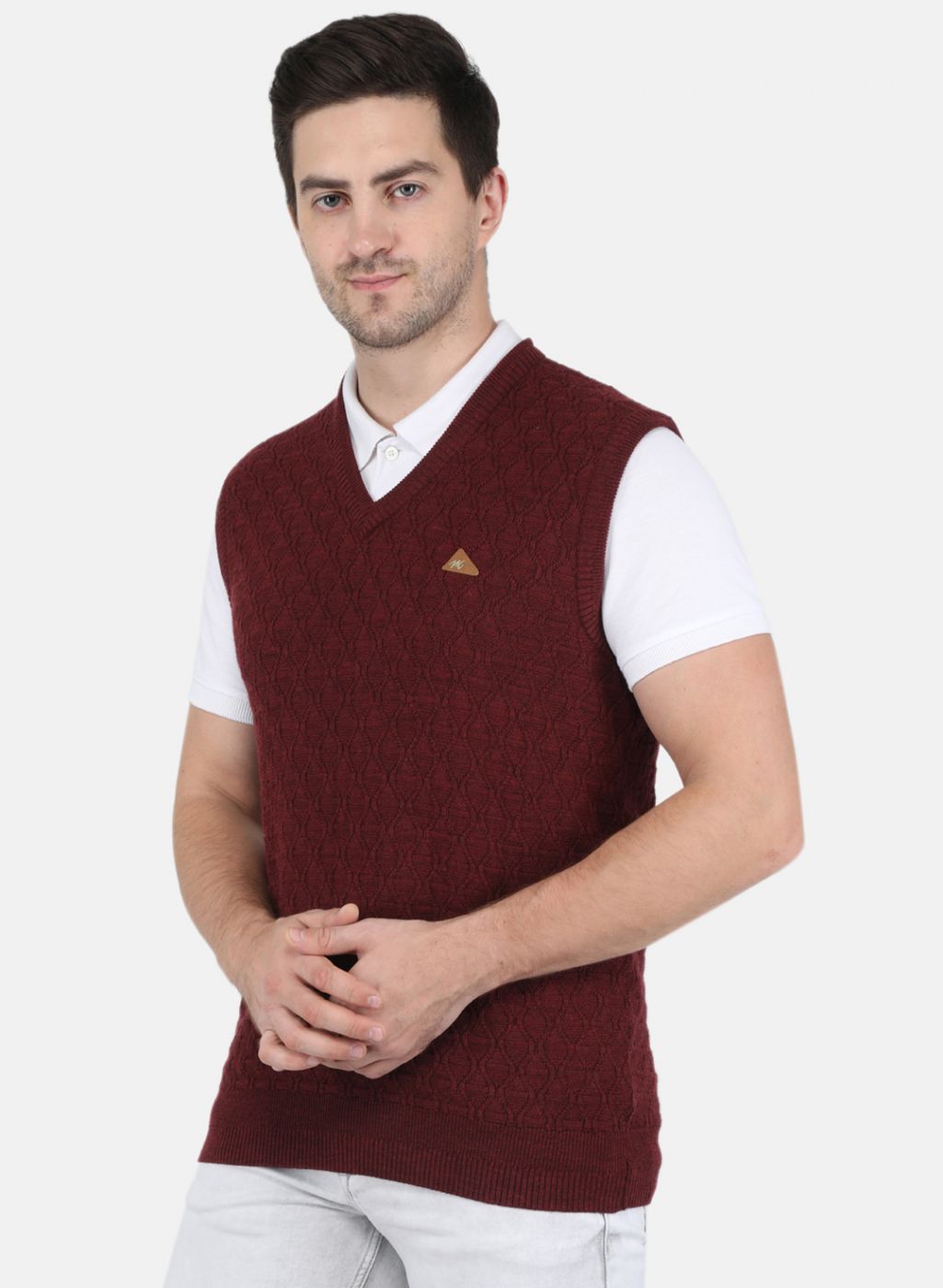 Men Maroon Self Design Sweater