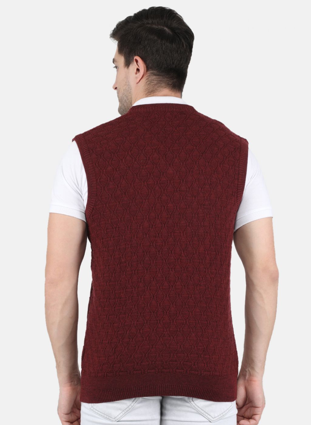 Men Maroon Self Design Sweater