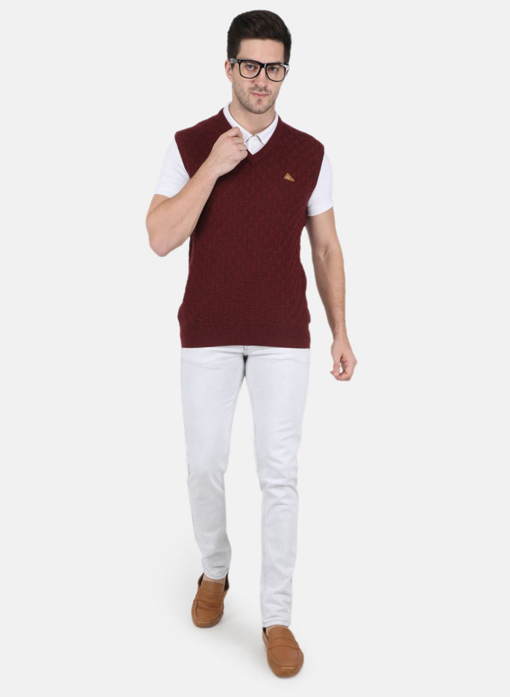 Men Maroon Self Design Sweater