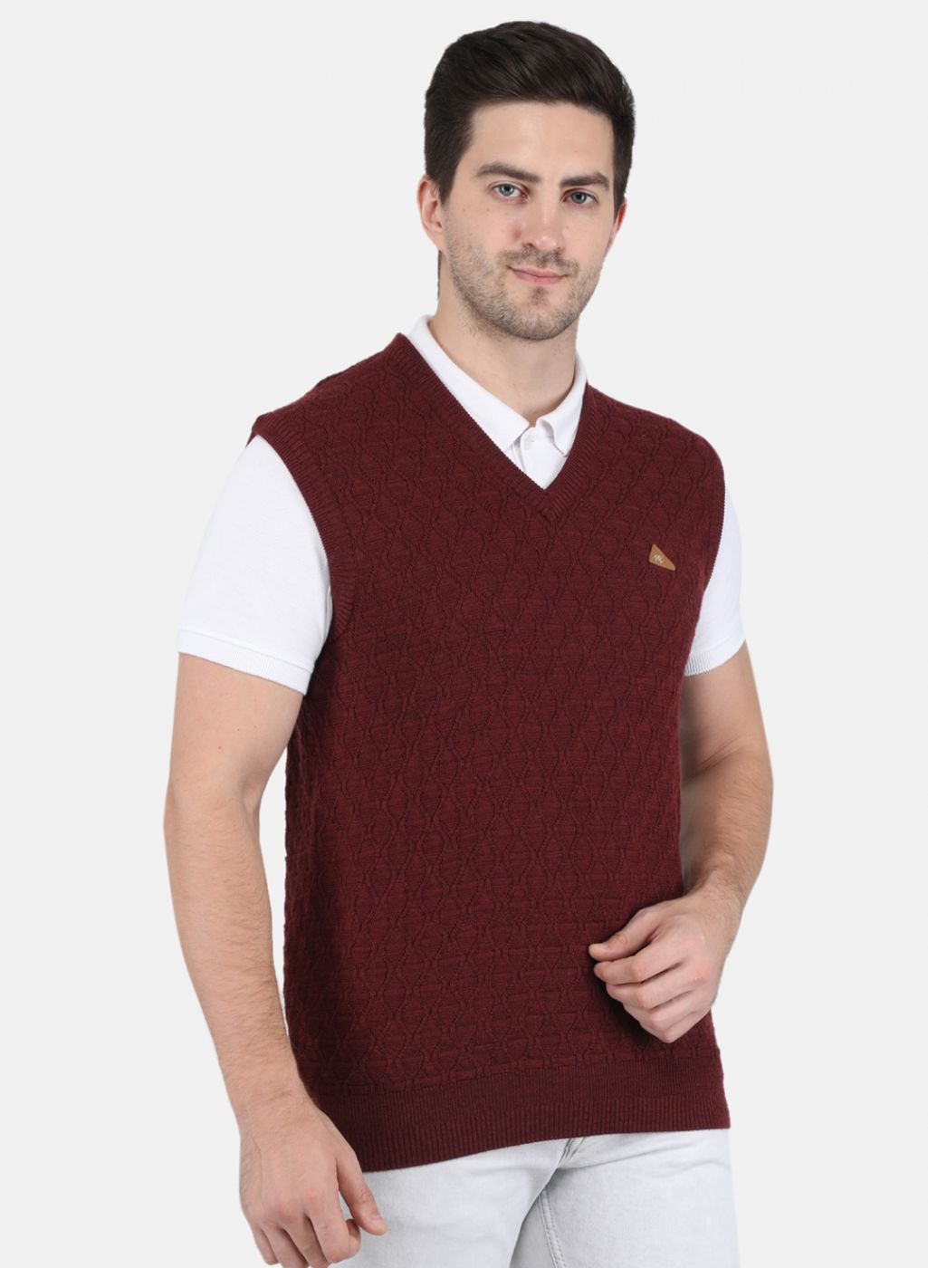 Men Maroon Self Design Sweater