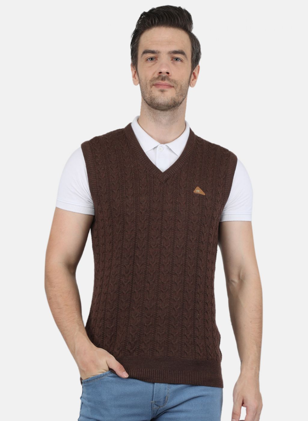 Men Brown Self Design Sweater