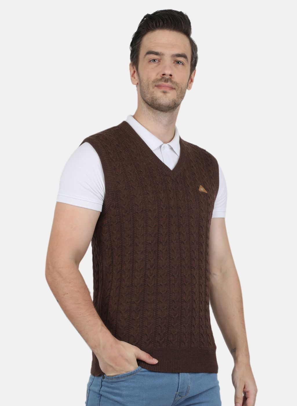 Men Brown Self Design Sweater