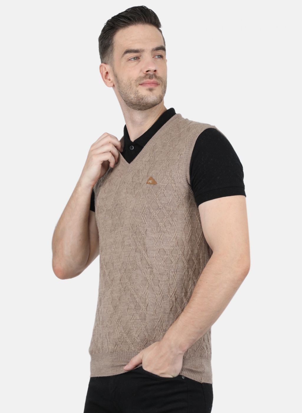 Men Beige Self Design Sweater