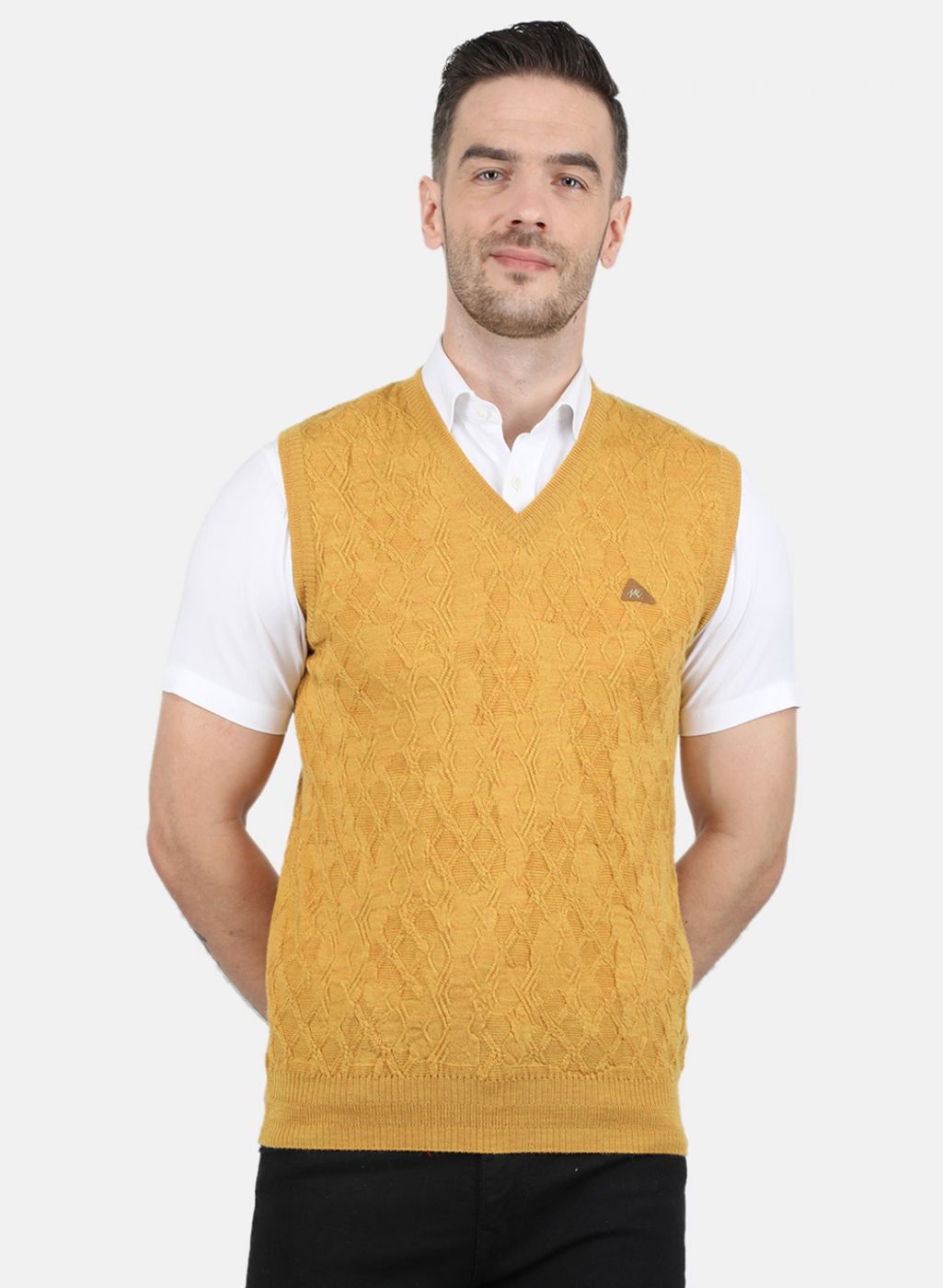 Men Yellow Self Design Sweater