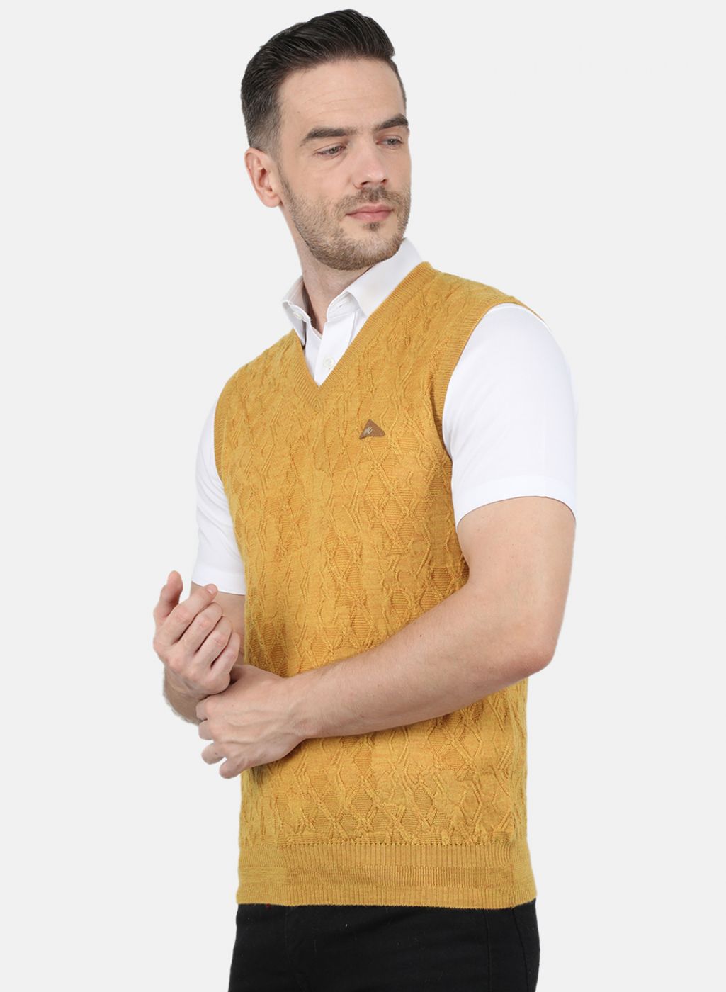 Men Yellow Self Design Sweater