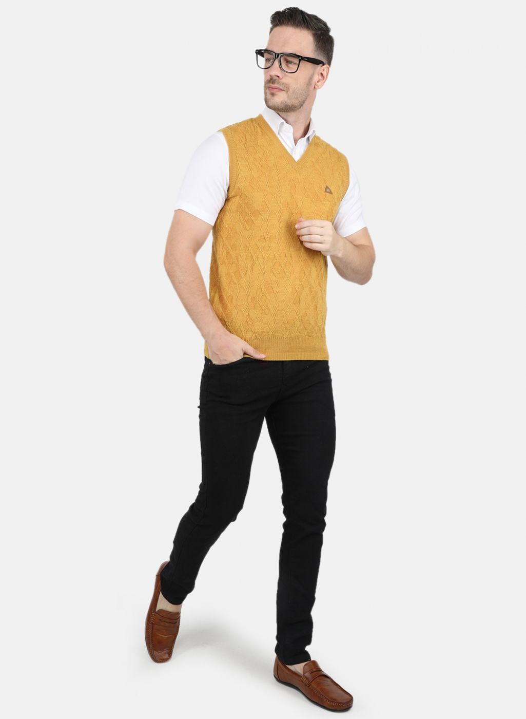 Men Yellow Self Design Sweater