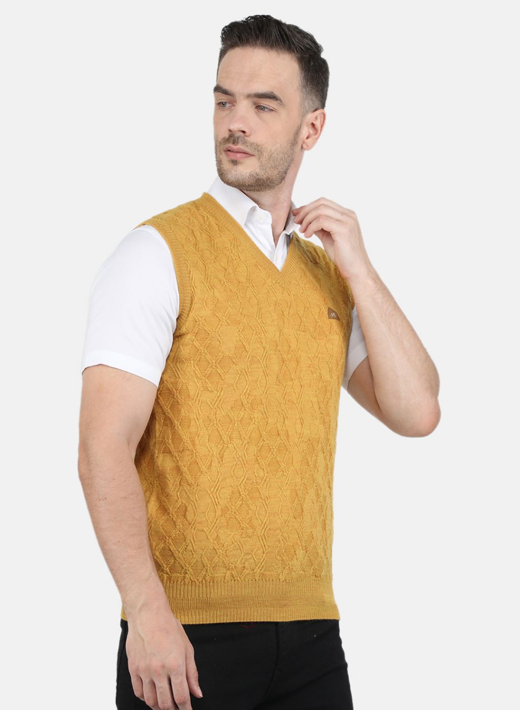 Men Yellow Self Design Sweater