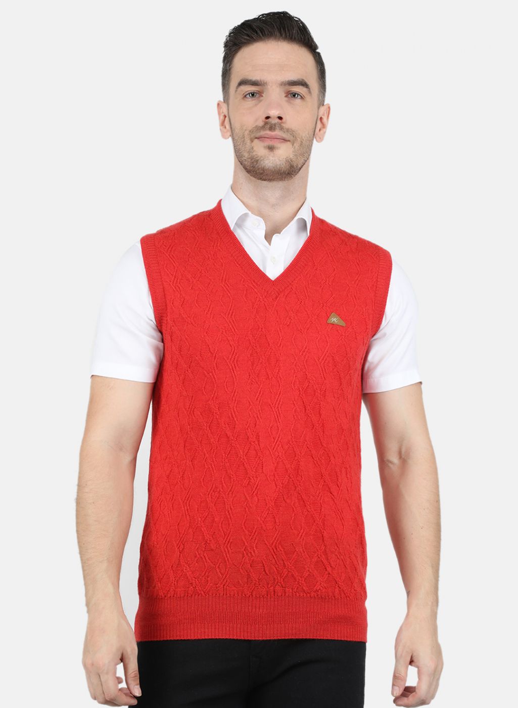 Men Red Self Design Sweater