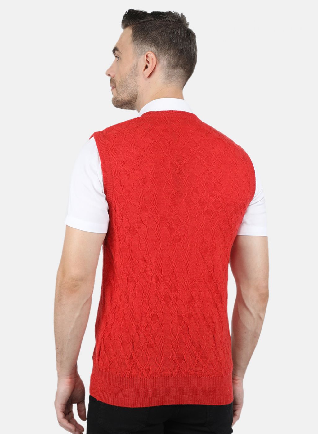 Men Red Self Design Sweater