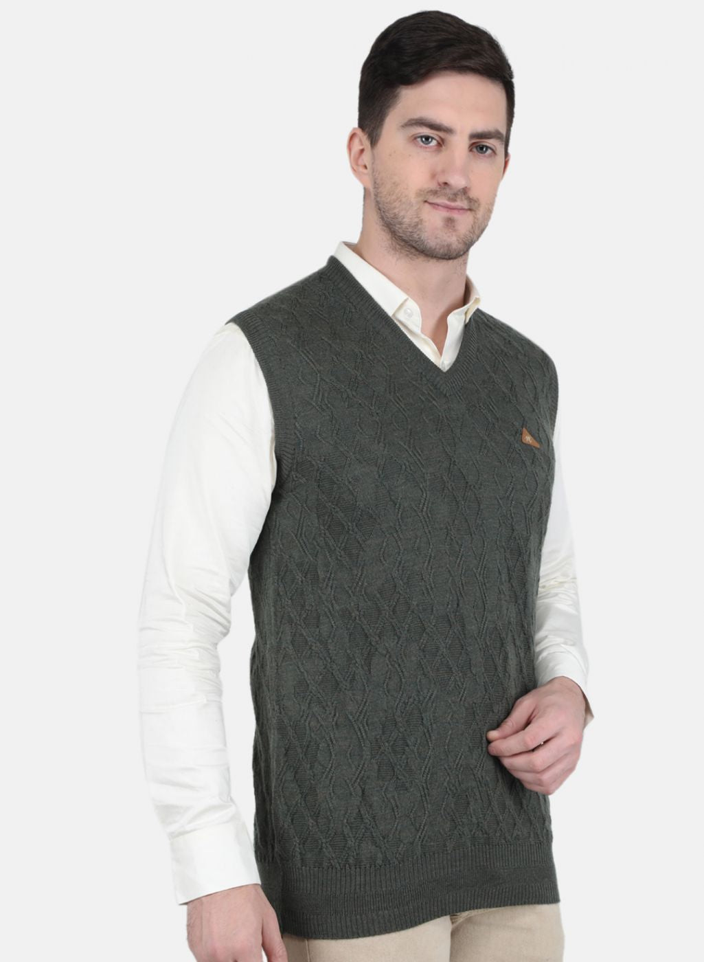 Men Olive Self Design Sweater