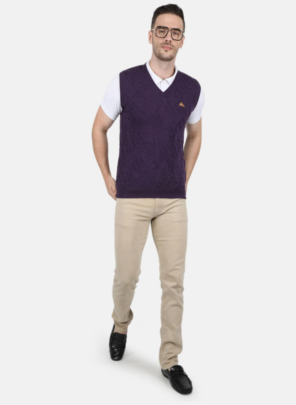 Men Purple Self Design Sweater