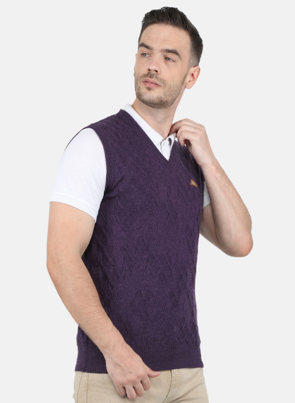 Men Purple Self Design Sweater