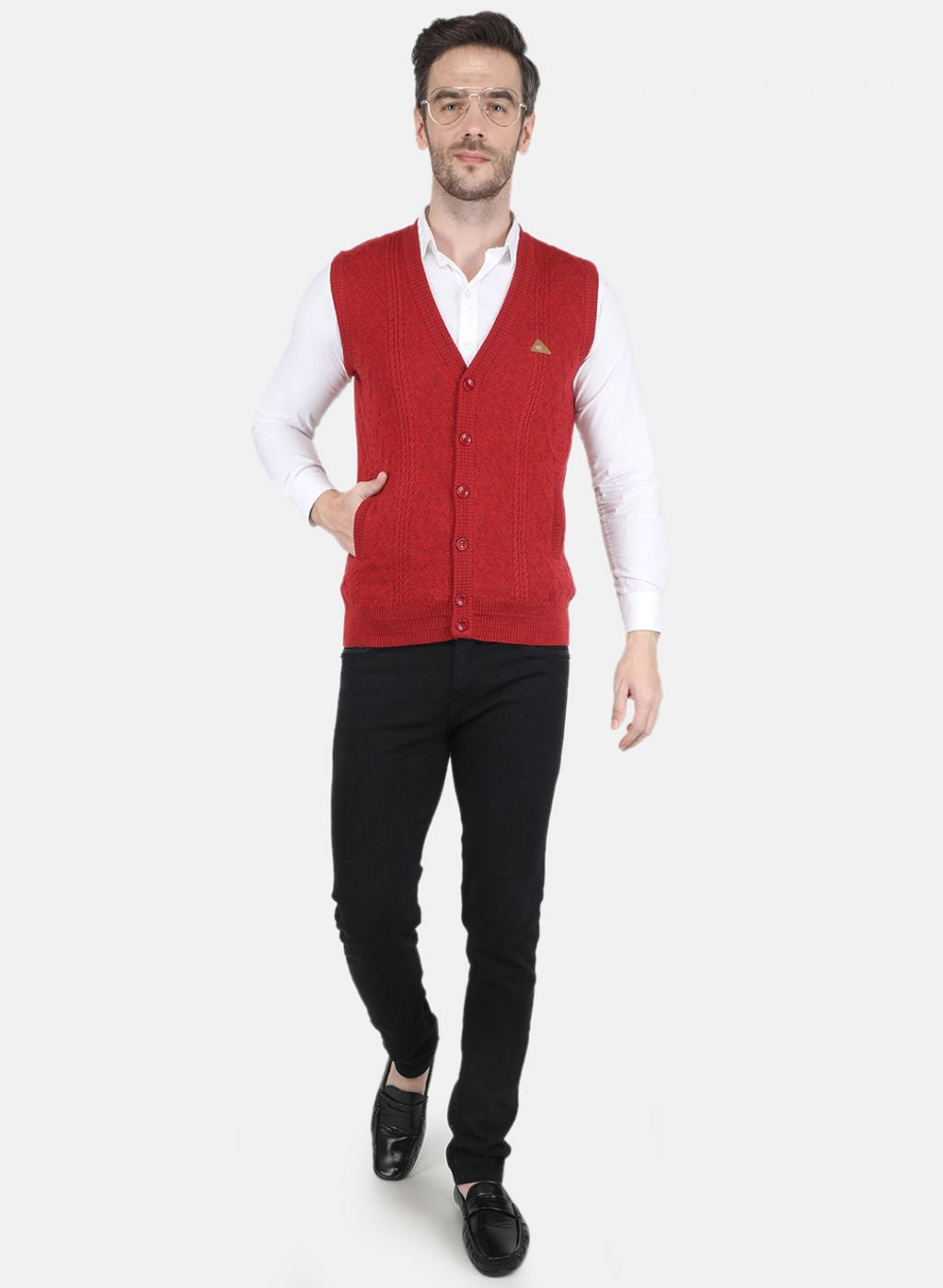 Men Red Self design Cardigan