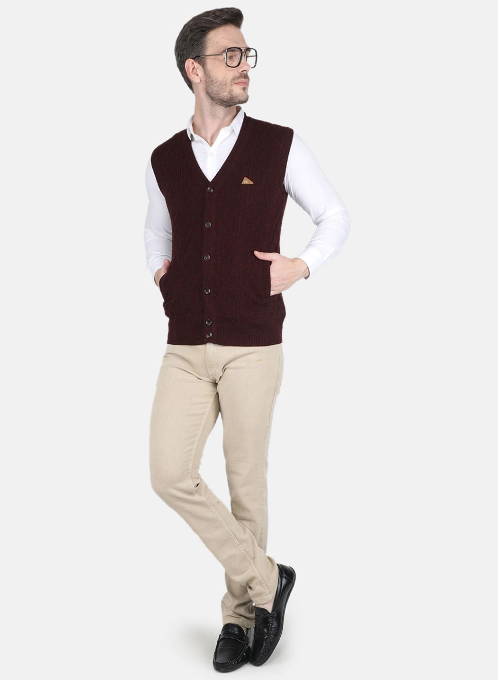 Men Maroon Self design Cardigan