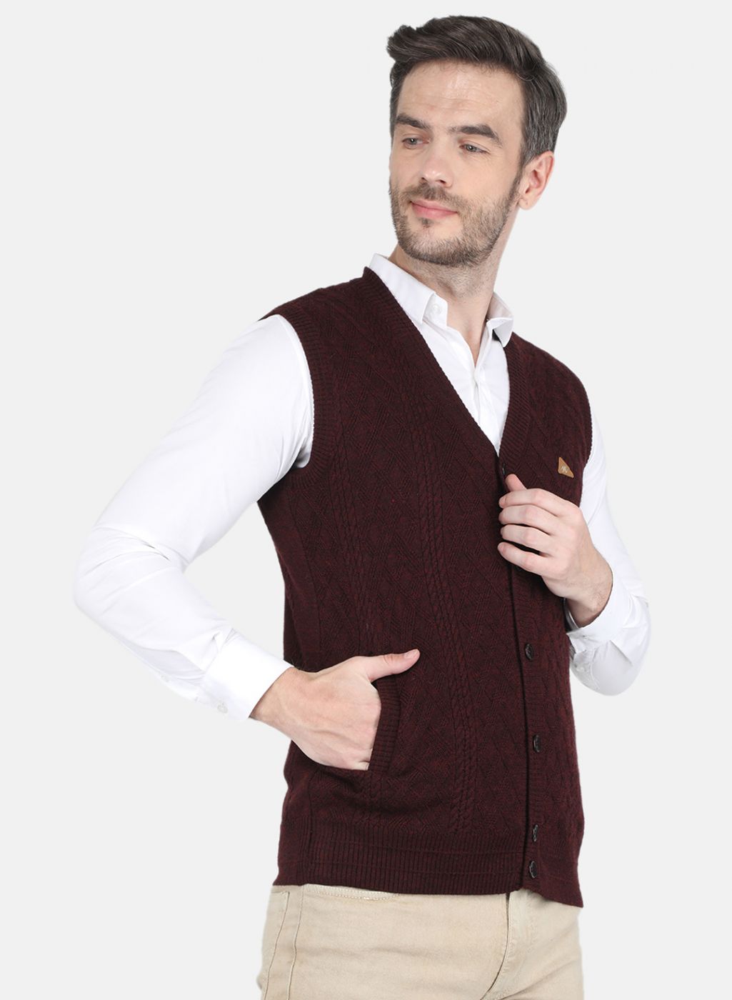 Men Maroon Self design Cardigan