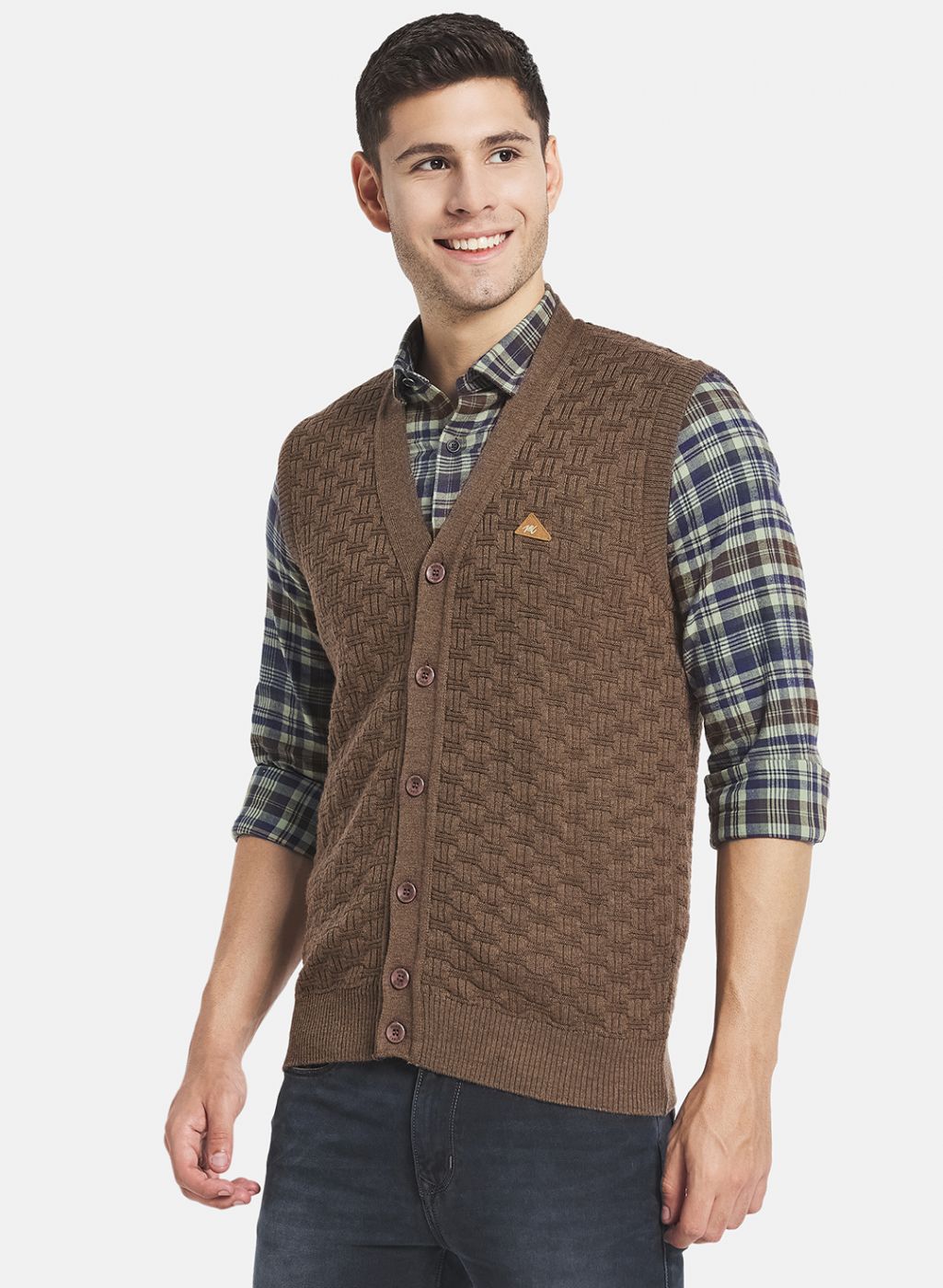 Men Brown Self Design Cardigan