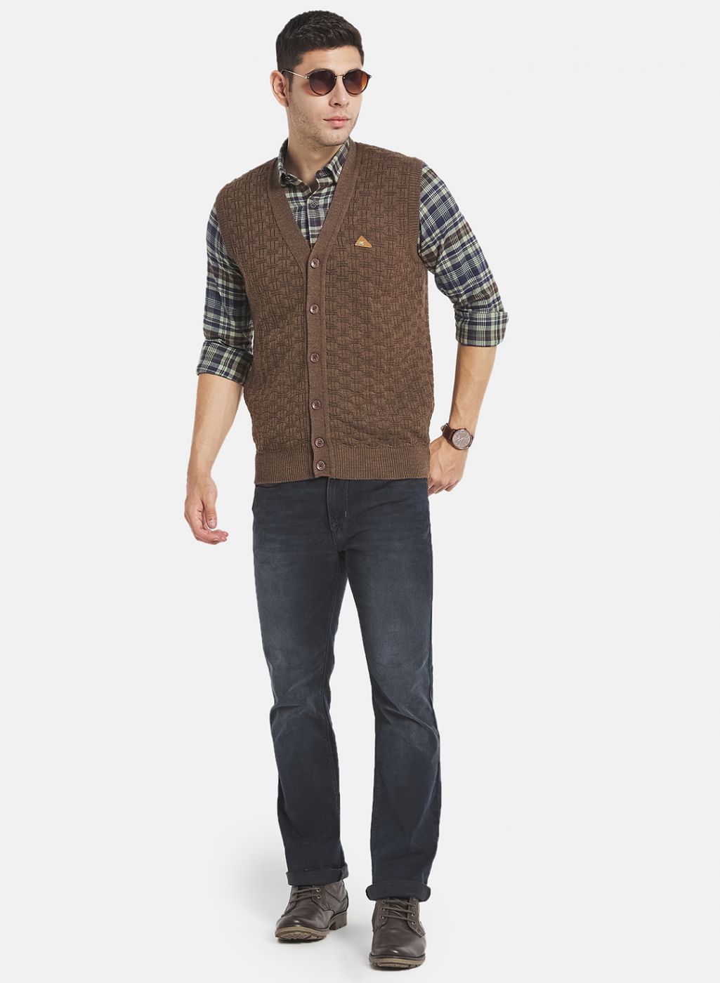 Men Brown Self Design Cardigan