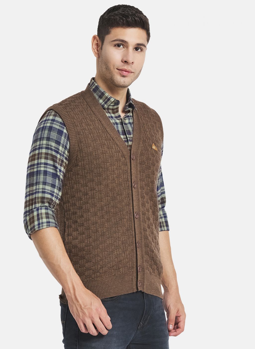 Men Brown Self Design Cardigan