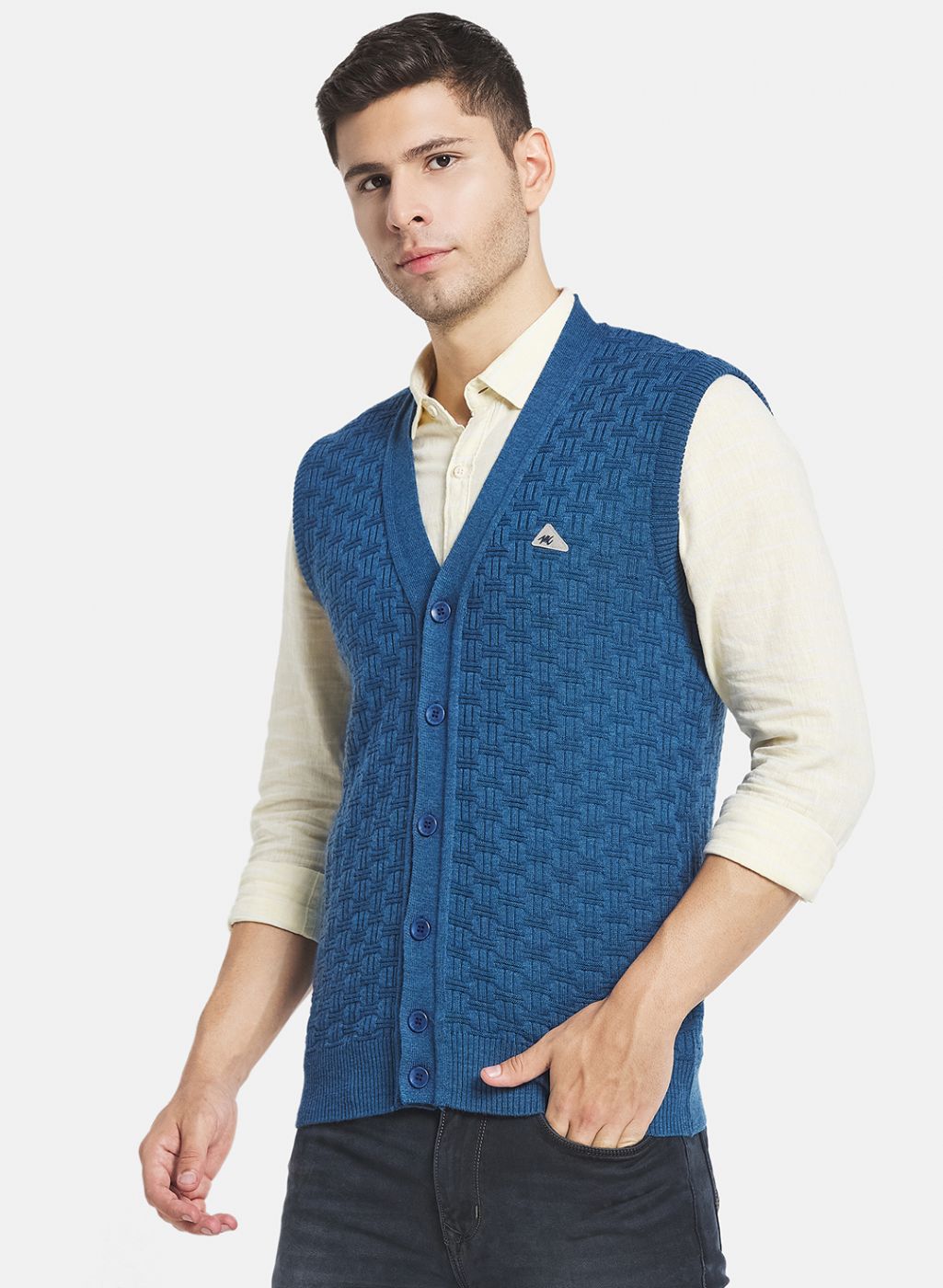 Men Blue Self Design Cardigan