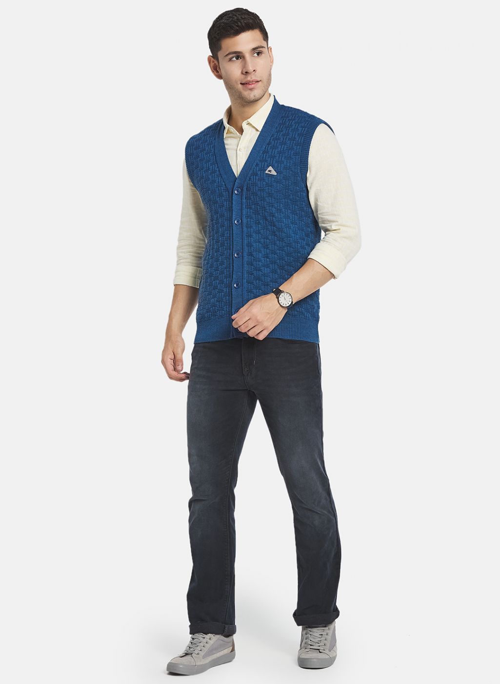 Men Blue Self Design Cardigan