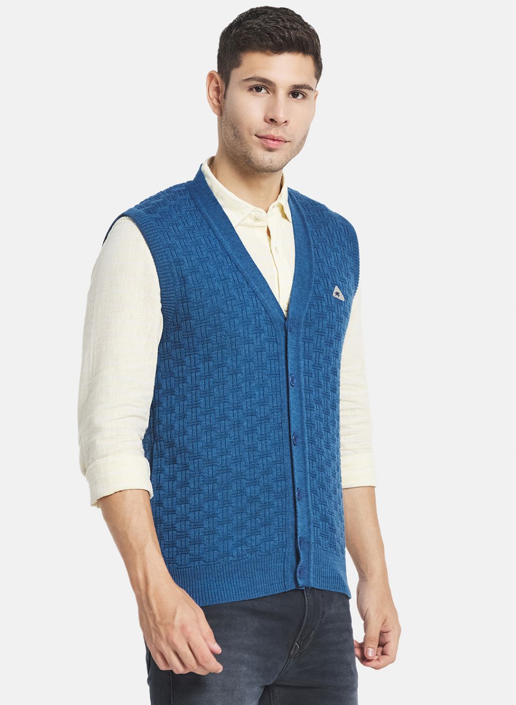 Men Blue Self Design Cardigan