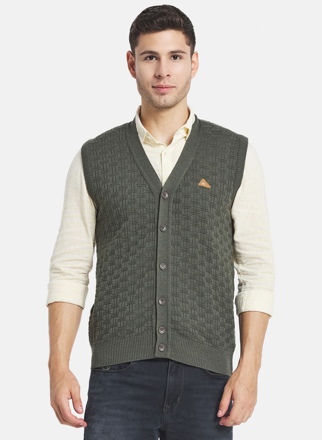 Men Olive Self Design Cardigan