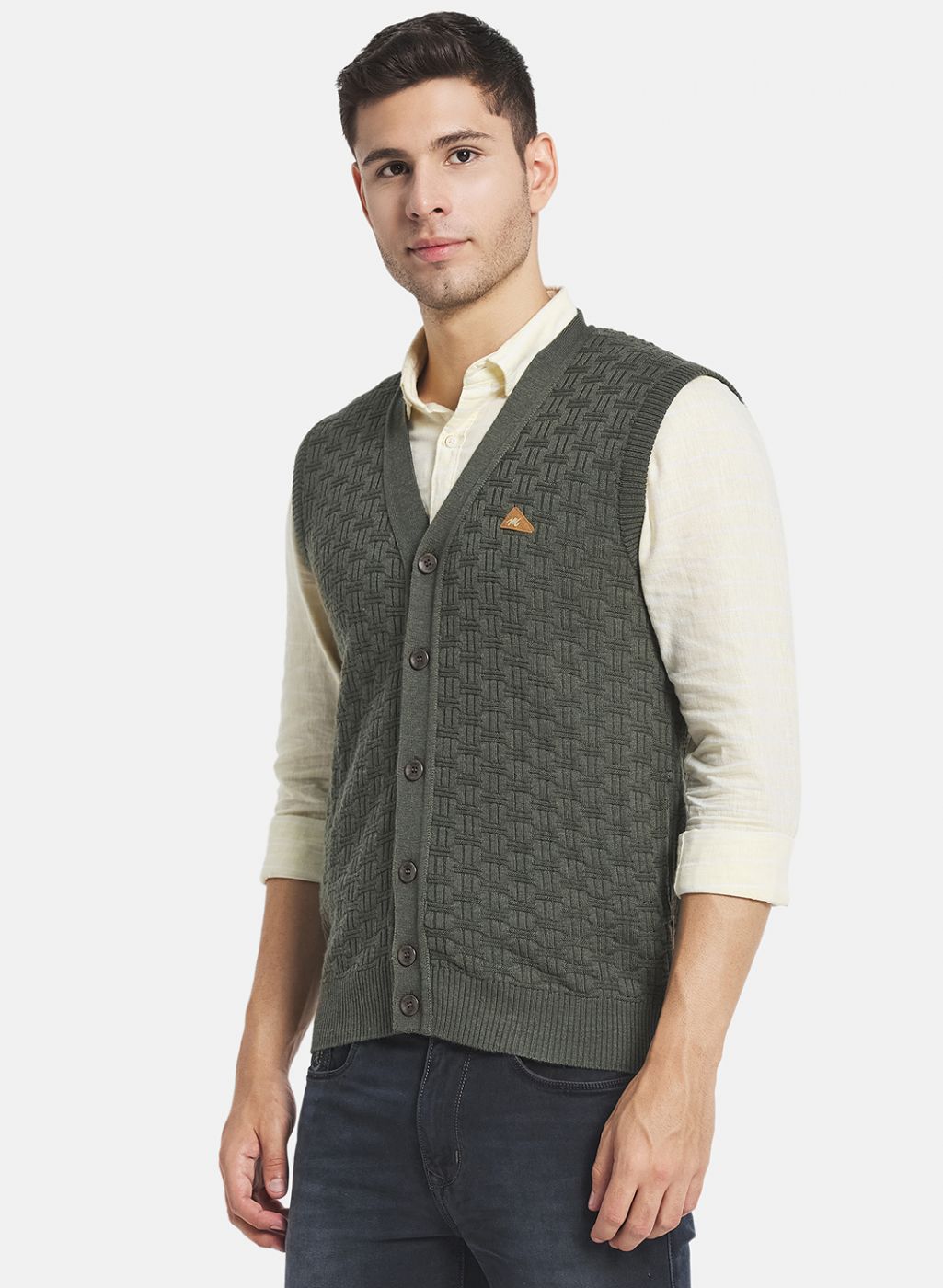 Men Olive Self Design Cardigan