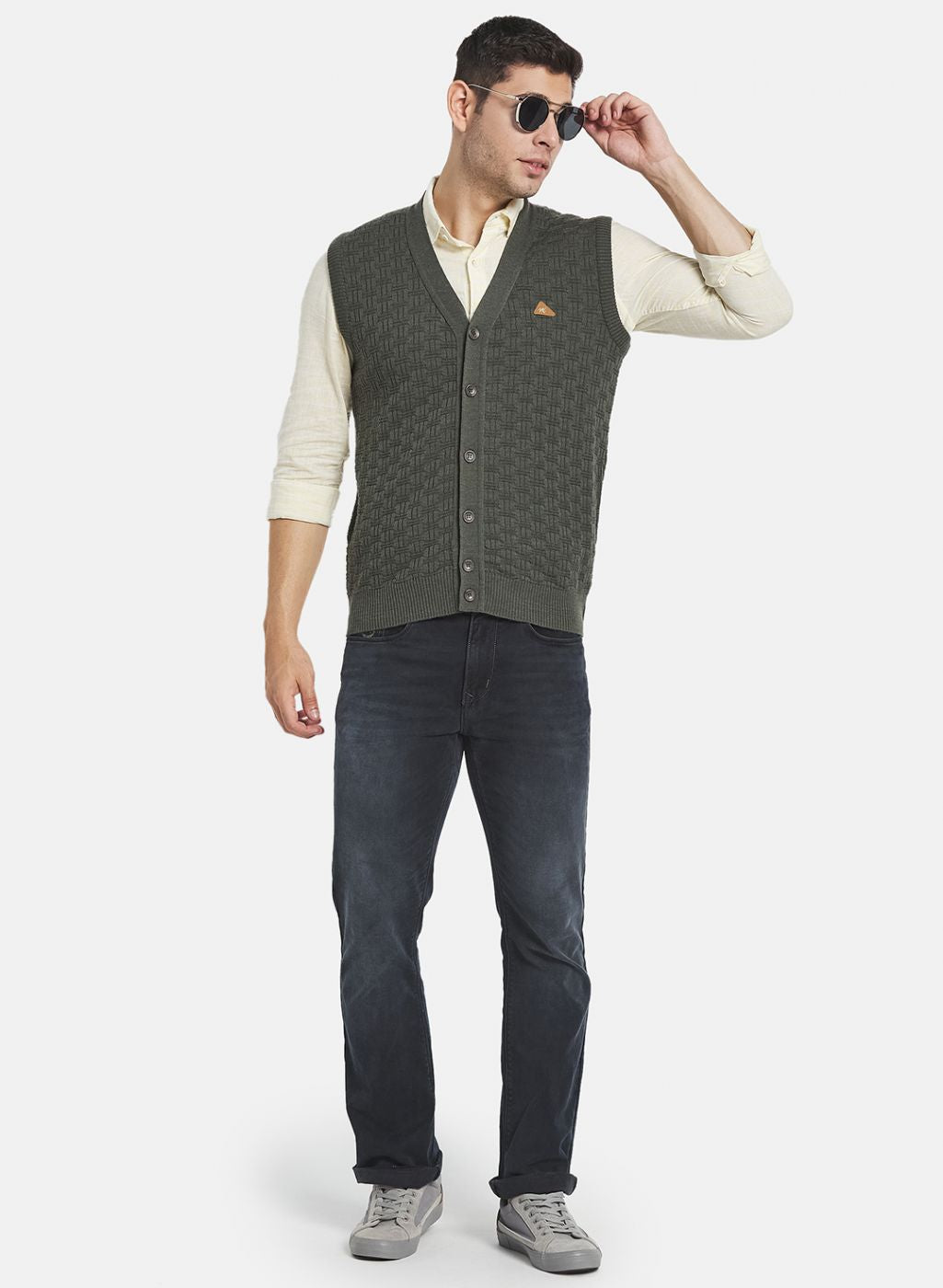 Men Olive Self Design Cardigan