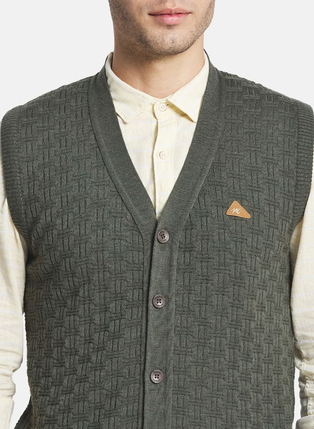 Men Olive Self Design Cardigan