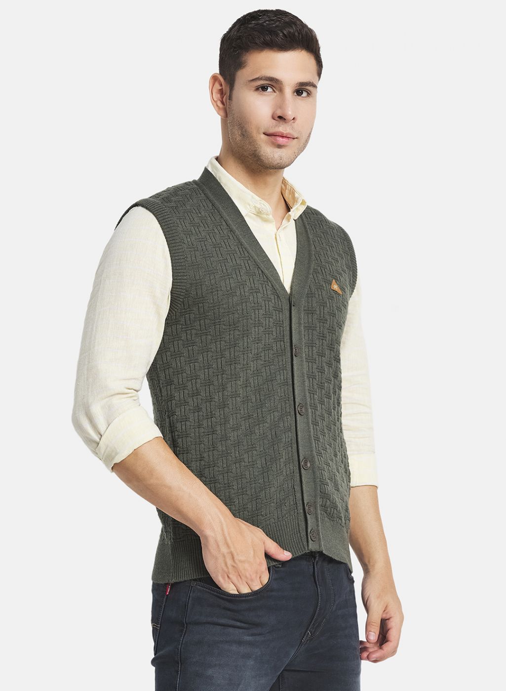 Men Olive Self Design Cardigan