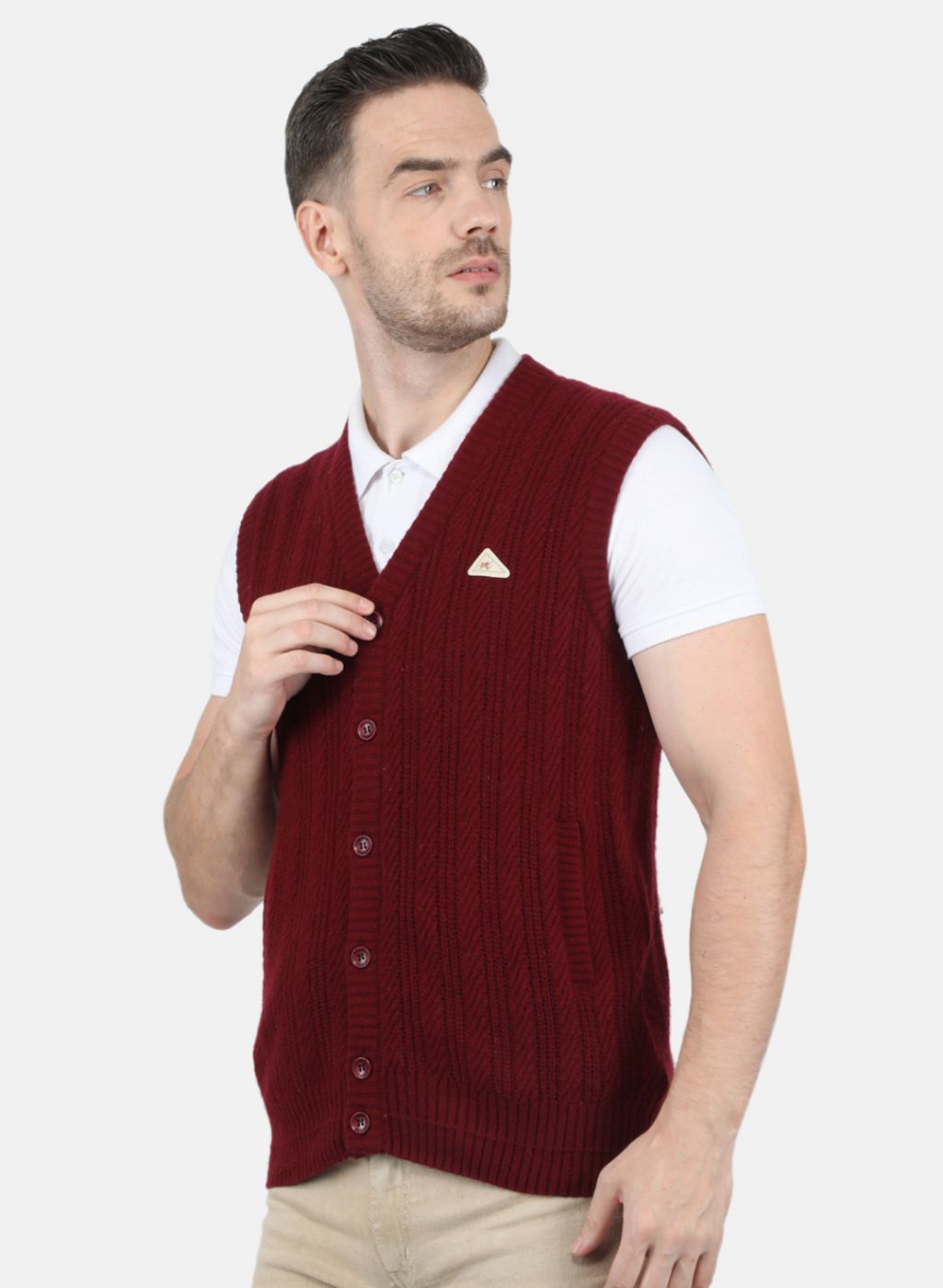 Men Maroon Self Design Cardigan