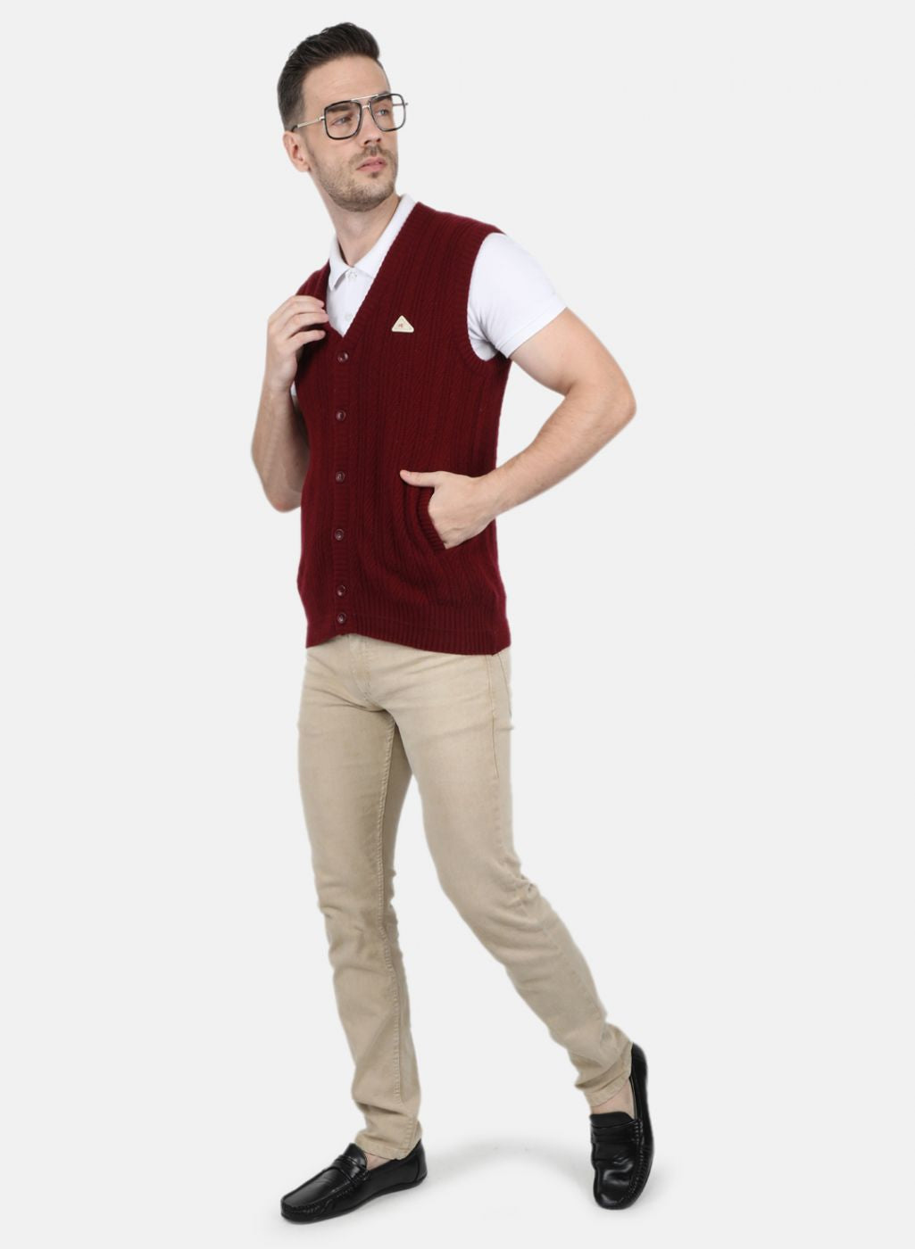 Men Maroon Self Design Cardigan