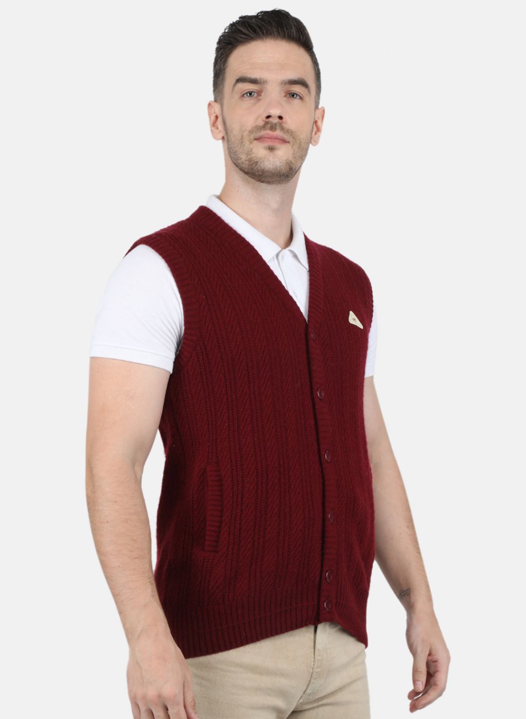 Men Maroon Self Design Cardigan