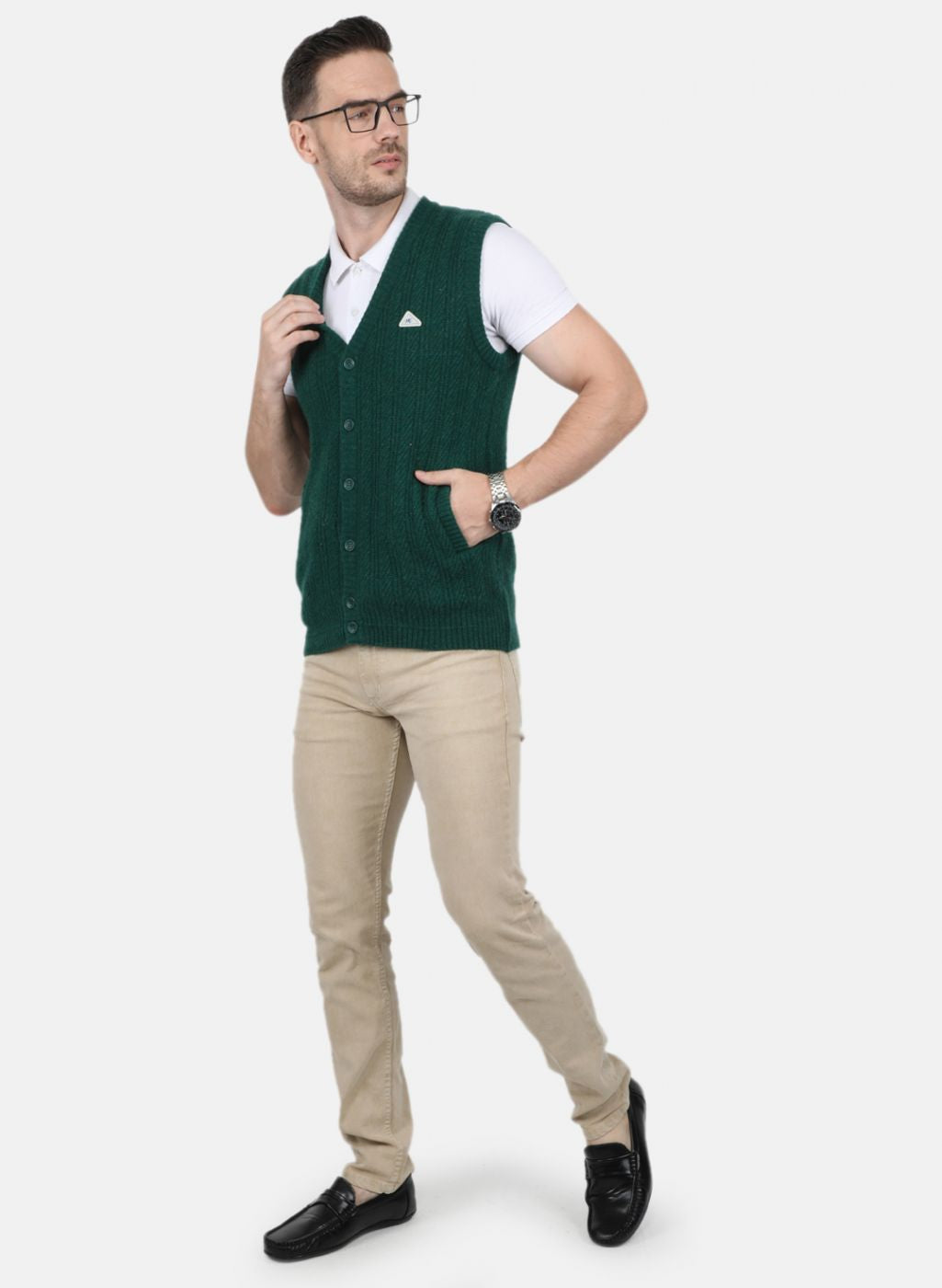 Men Green Self Design Cardigan