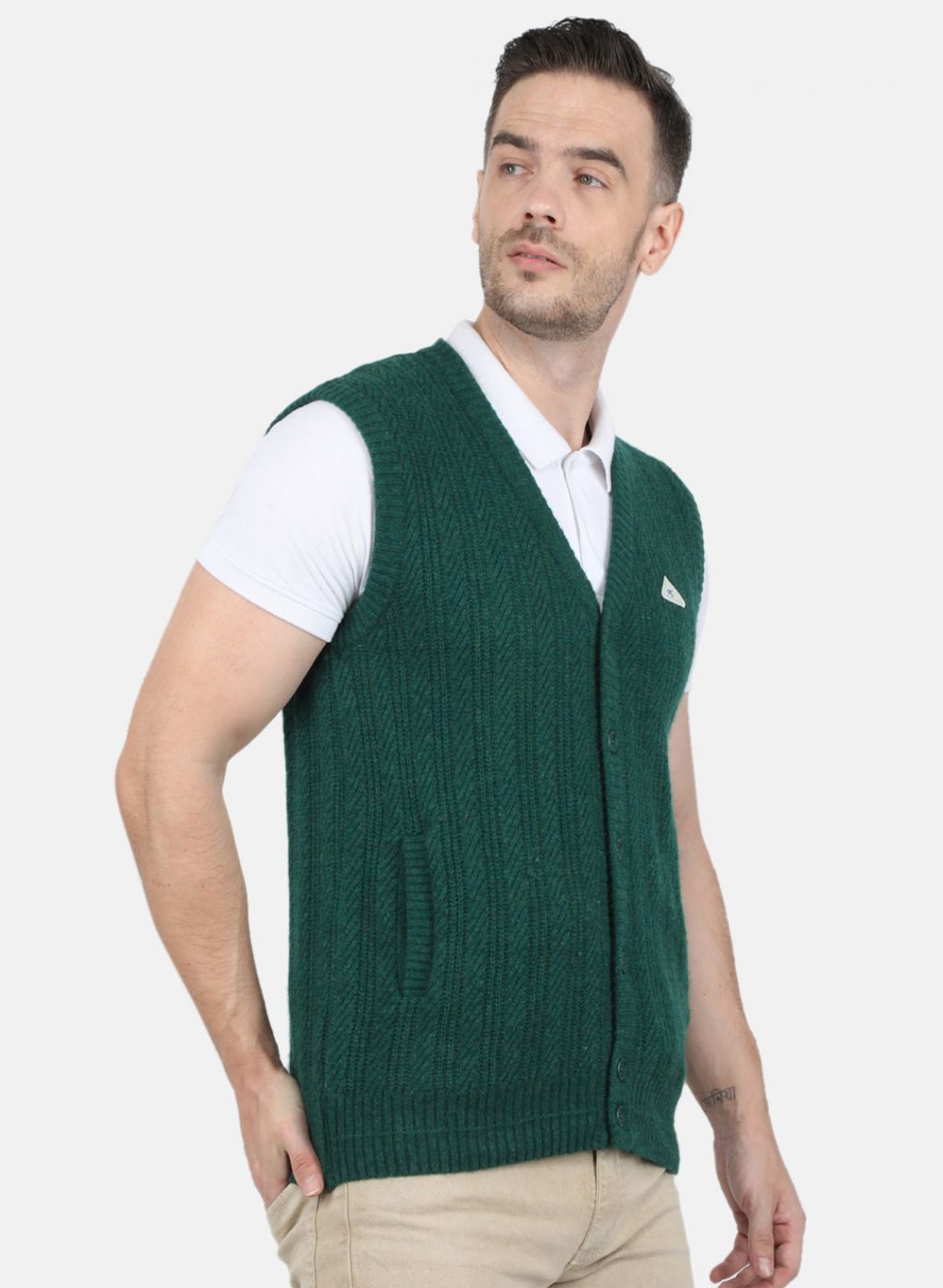 Men Green Self Design Cardigan