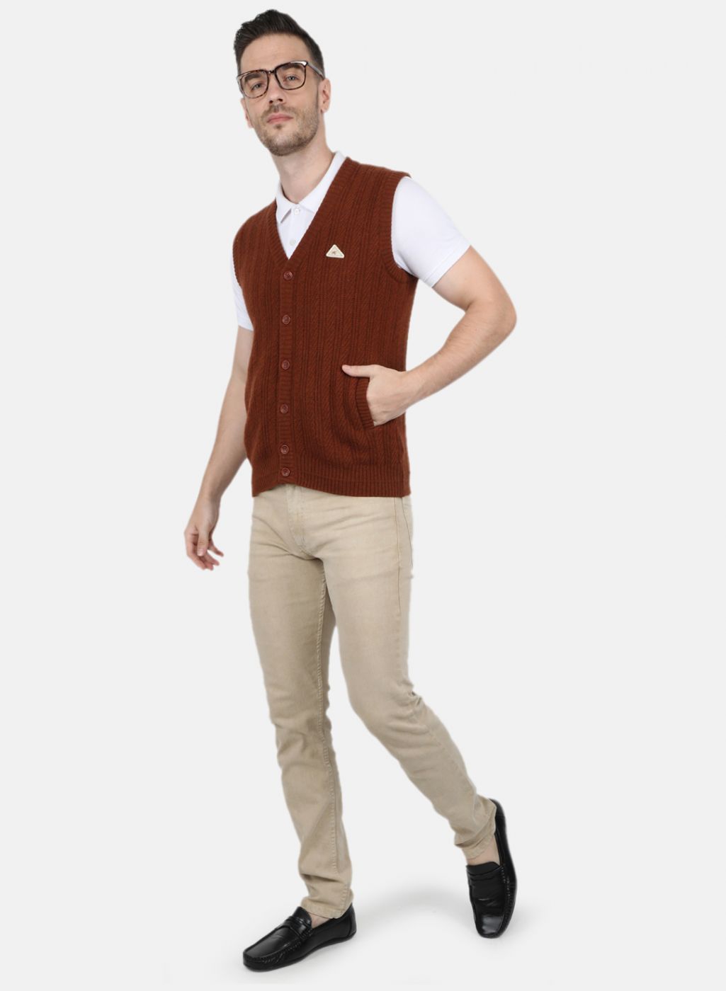 Men Brown Self Design Cardigan