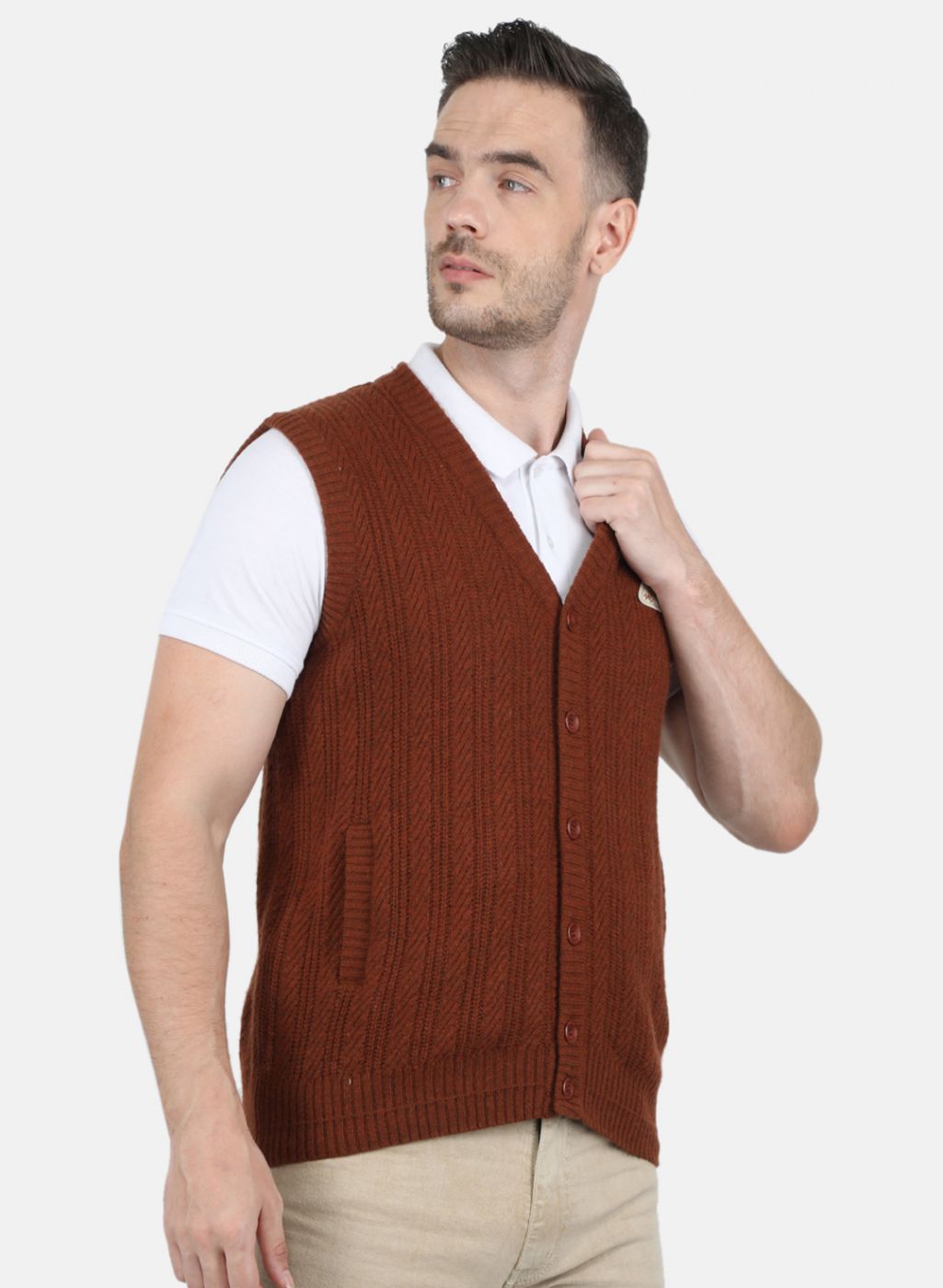 Men Brown Self Design Cardigan