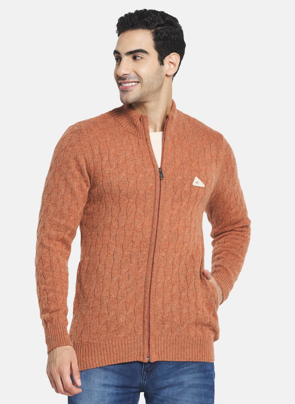 Men Orange Self Design Pullover