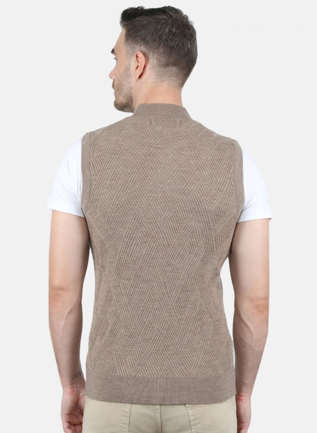 Men Khaki Self Design Sweater