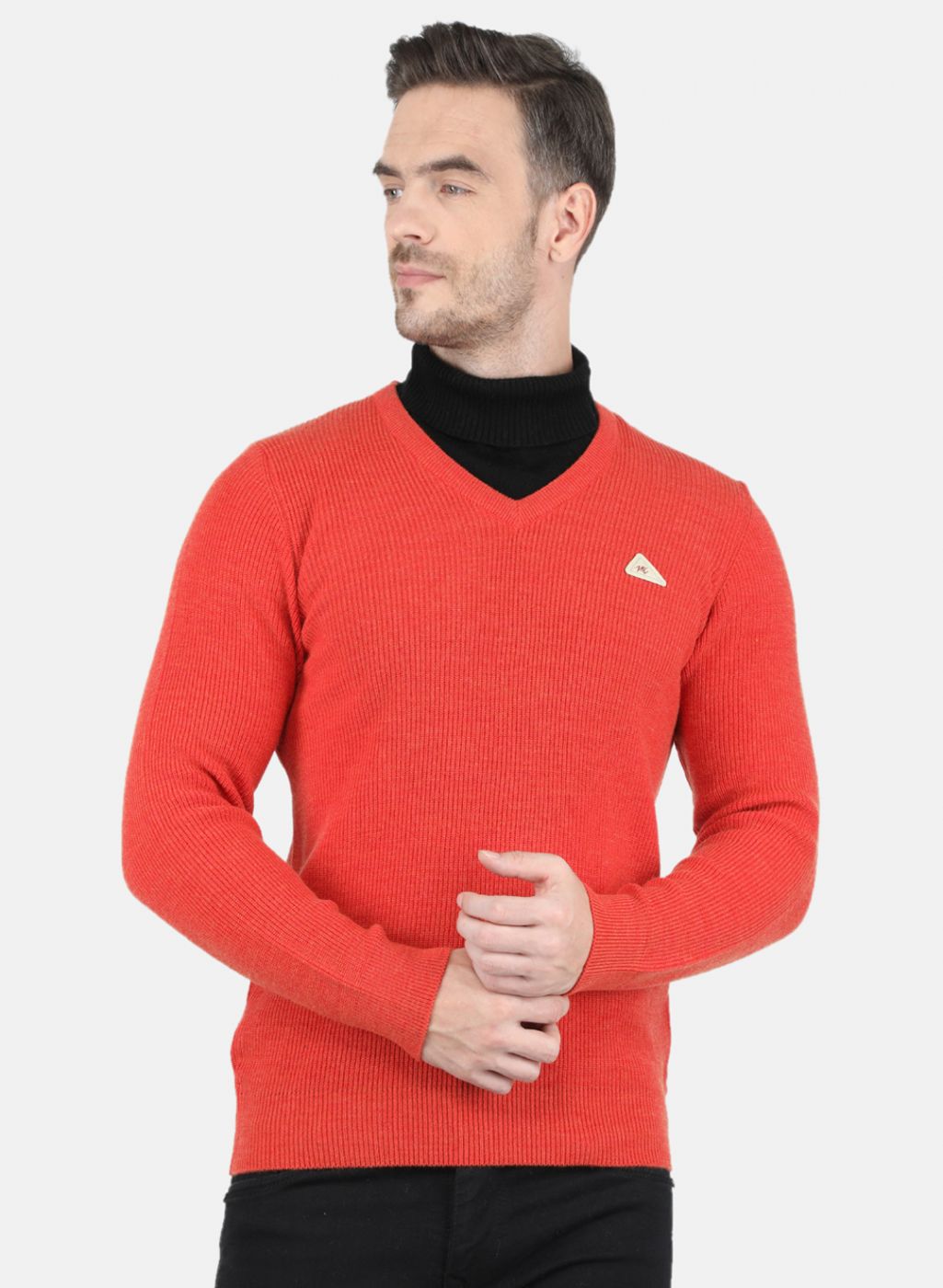 Men Orange Self Design Pullover