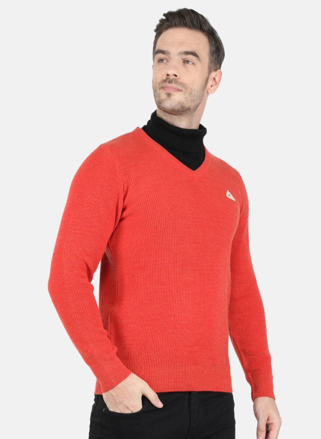 Men Orange Self Design Pullover