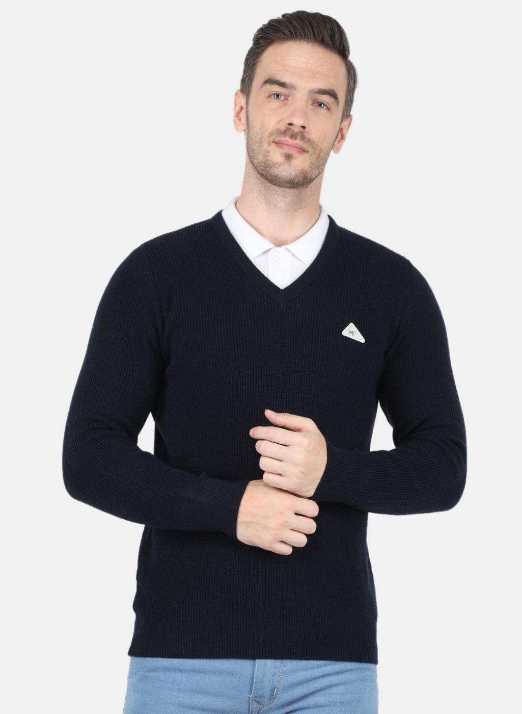 Men NAvy Blue Self Design Pullover