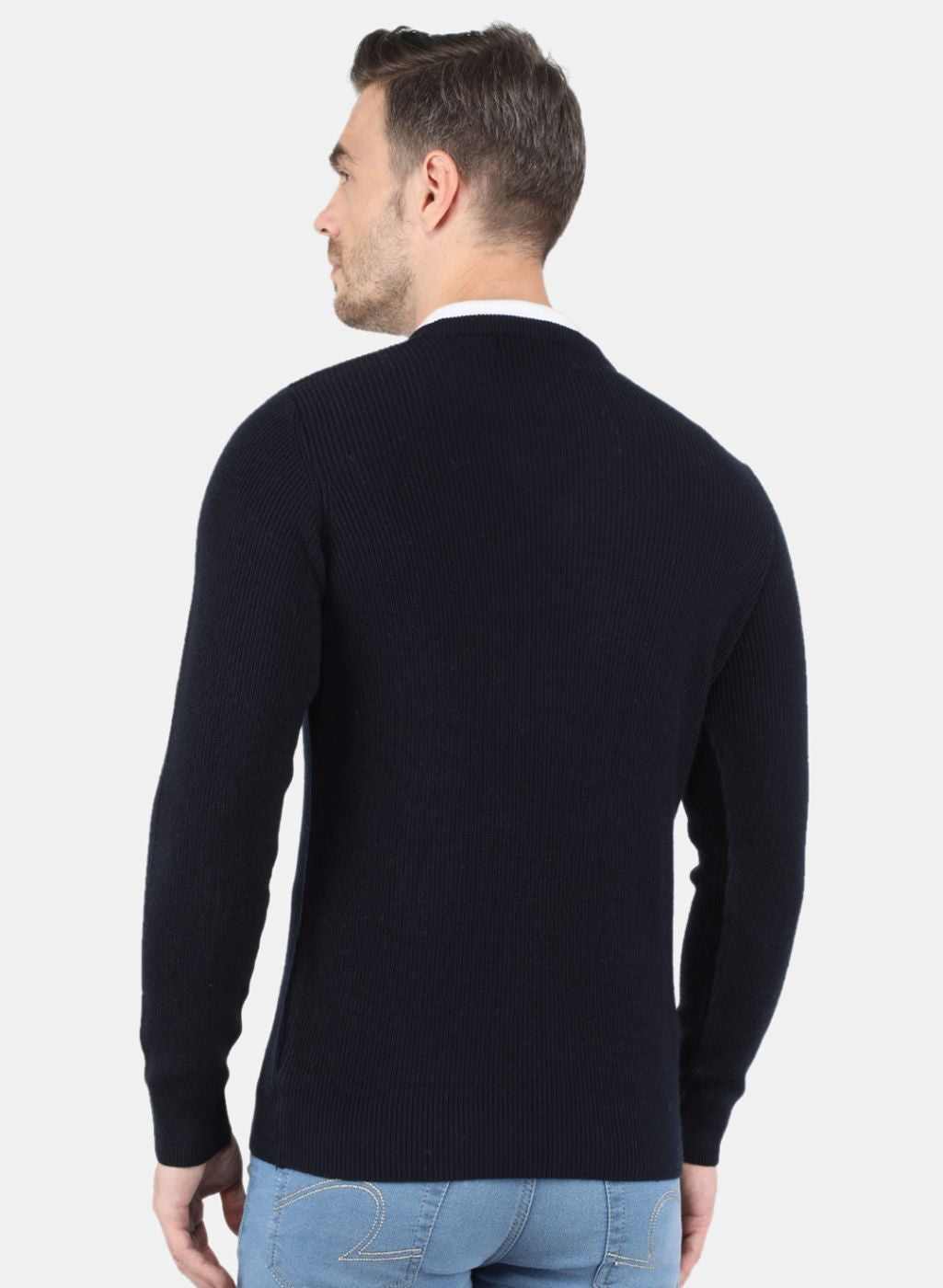 Men NAvy Blue Self Design Pullover