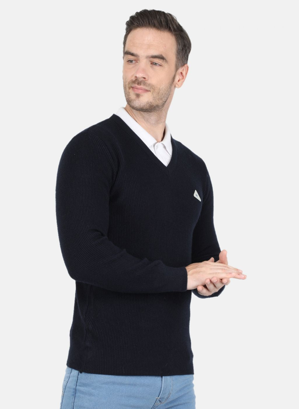 Men NAvy Blue Self Design Pullover