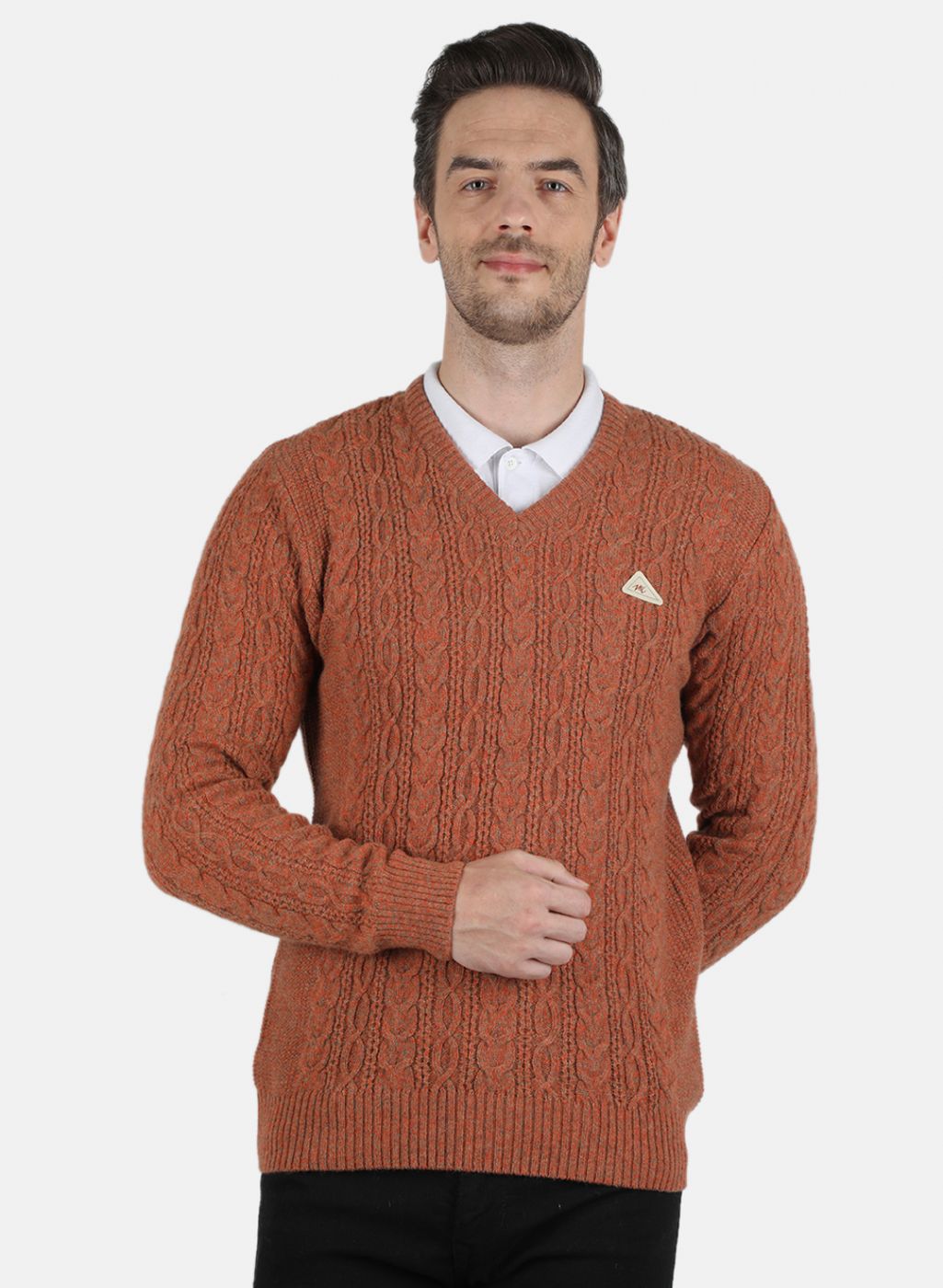 Men Orange Self Design Pullover