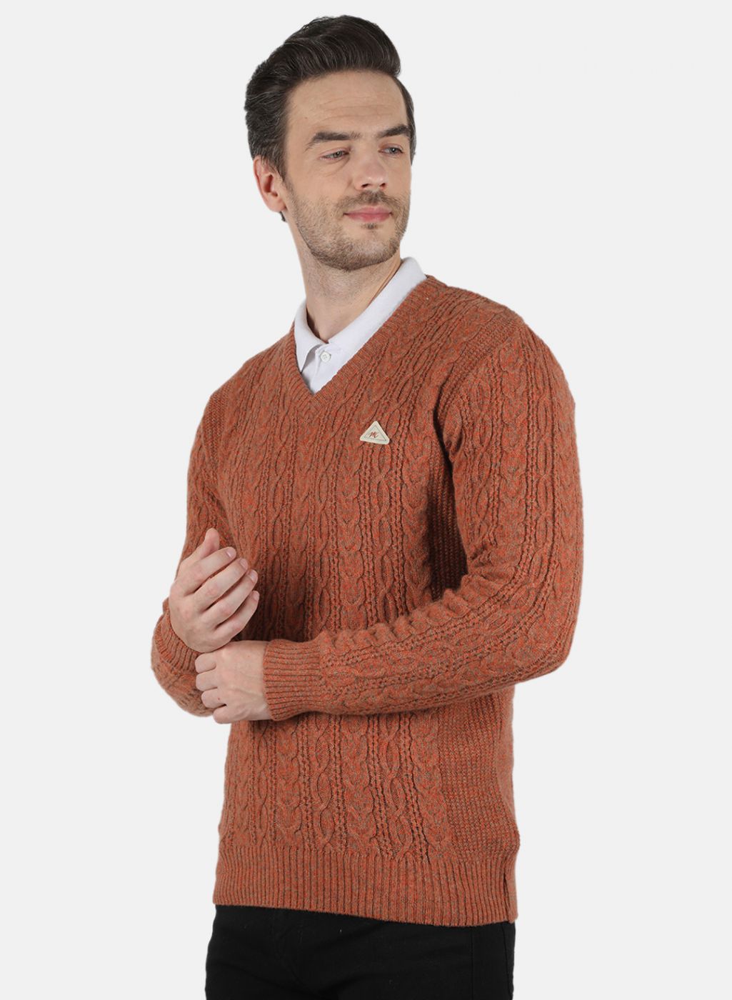 Men Orange Self Design Pullover